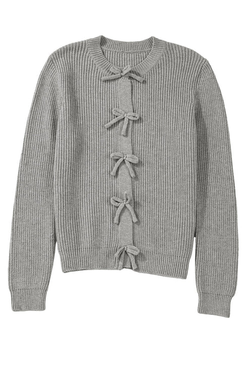 Ribbed Knit Bow Front Buttoned Cardigan